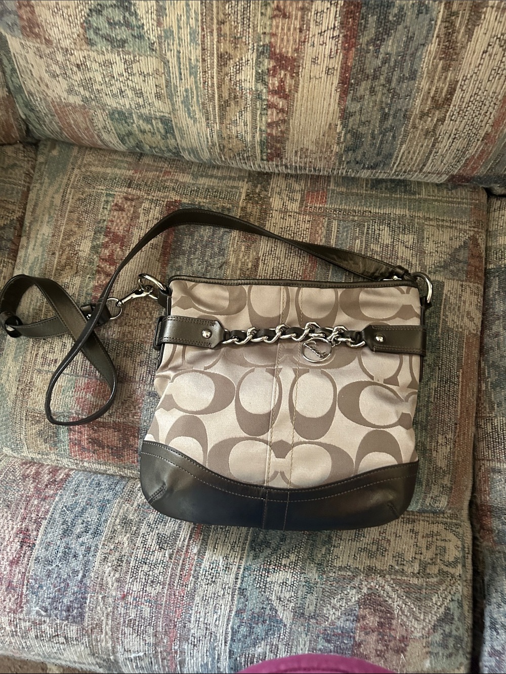 Coach Beige Taupe Signature Crossbody with Dark Brown Trim